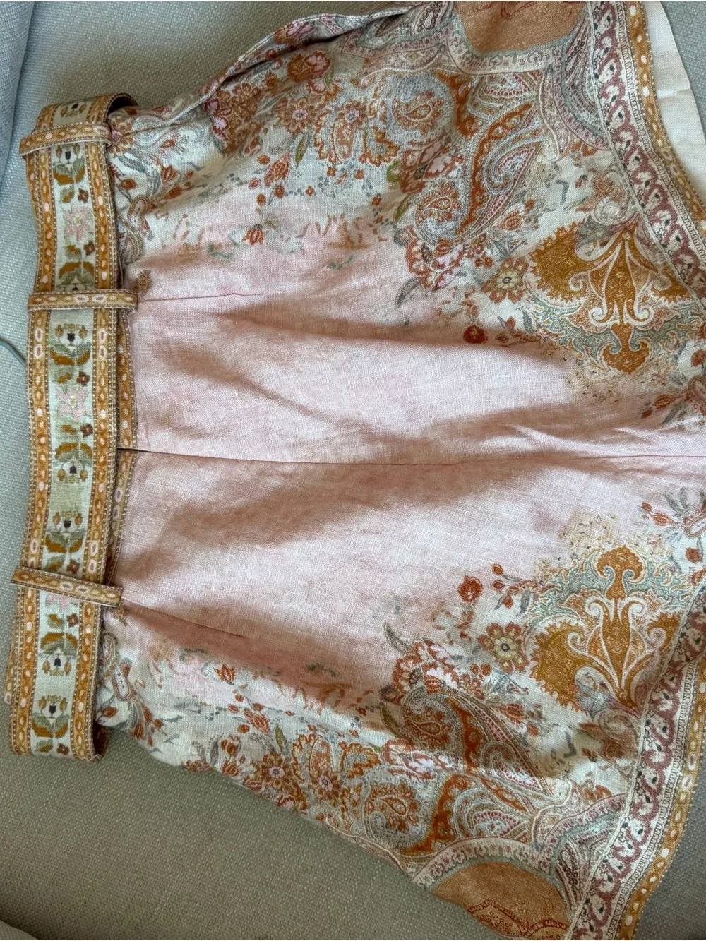 Zimmermann Pink Paisley High-Waist Shorts with Belt